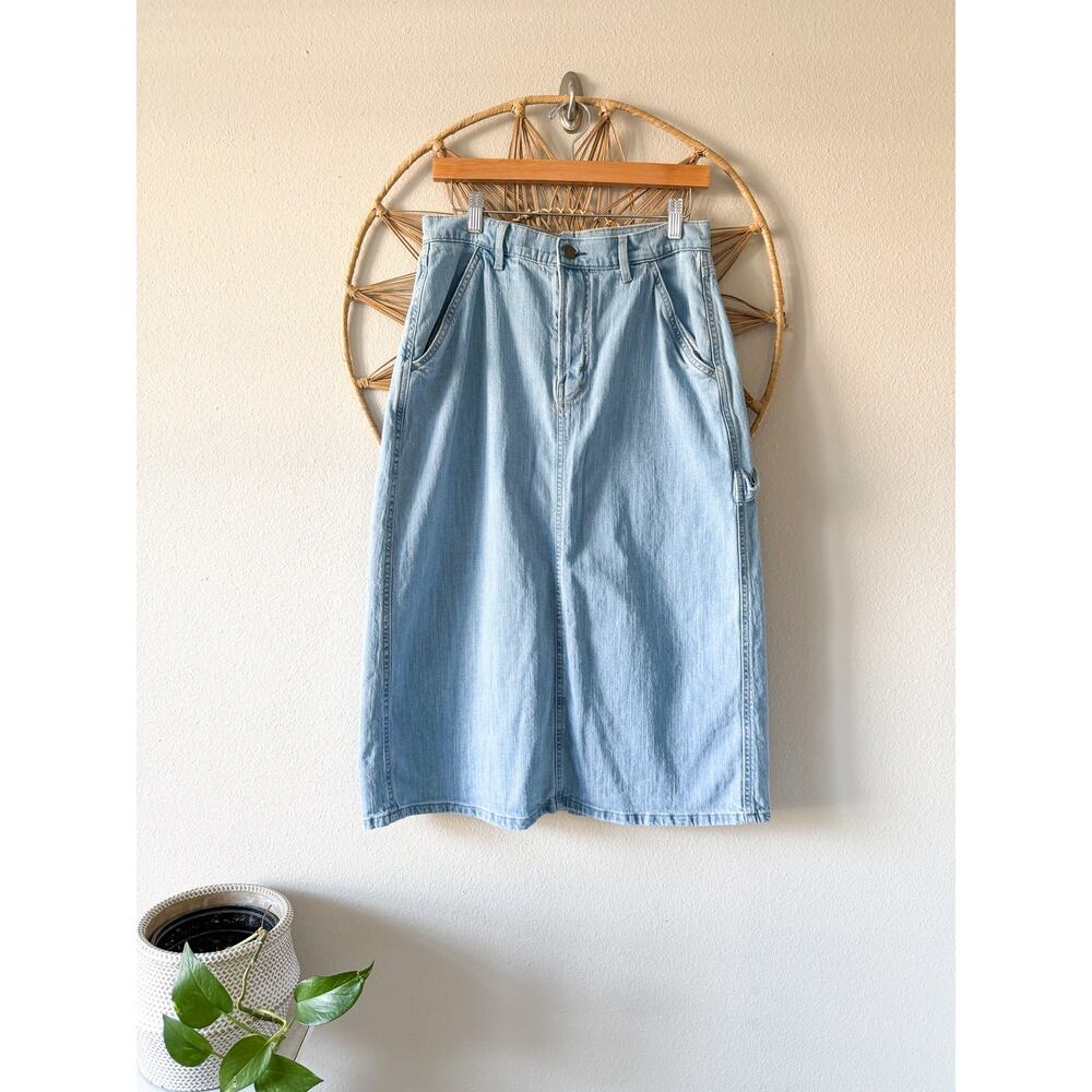 Lightwash High Rise Waist Straight Denim Midi Skirt w/ Back Split Modest Size 8